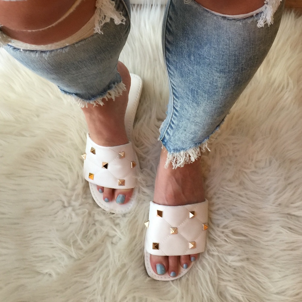 Spiked White Quilted Square Toe Sandals